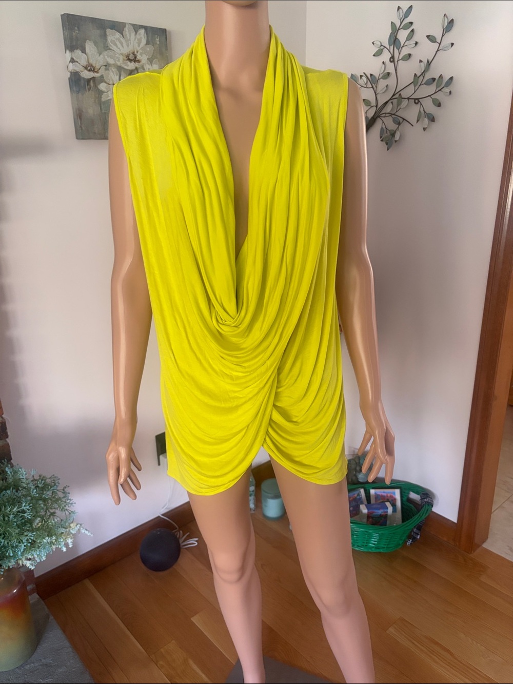 Draped Cowl Neck Sleeveless tunic in Neon Yellow